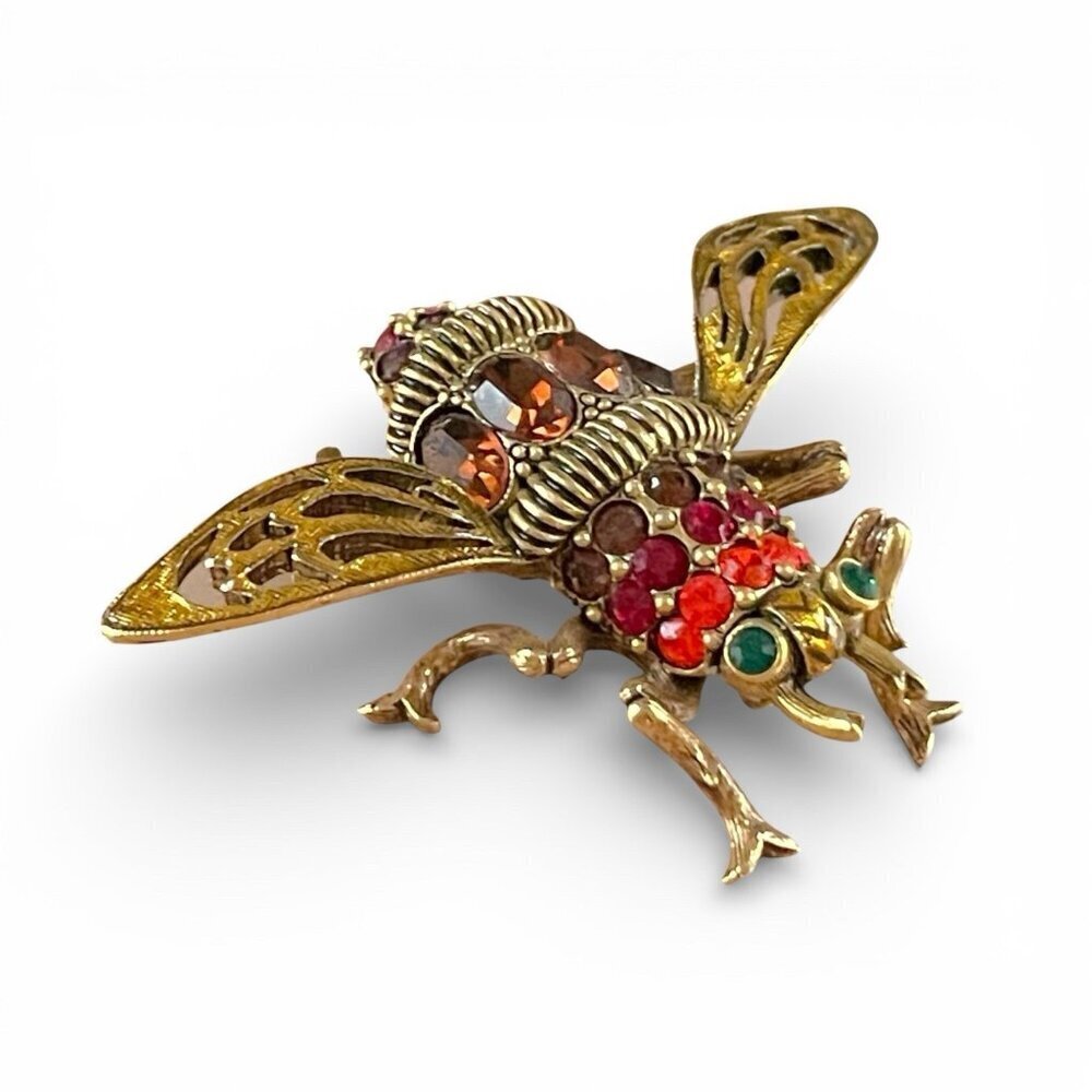 Vintage Joan Rivers Queen Bee Brooch Antiqued Gold Tone Rhinestone Statement Pin
